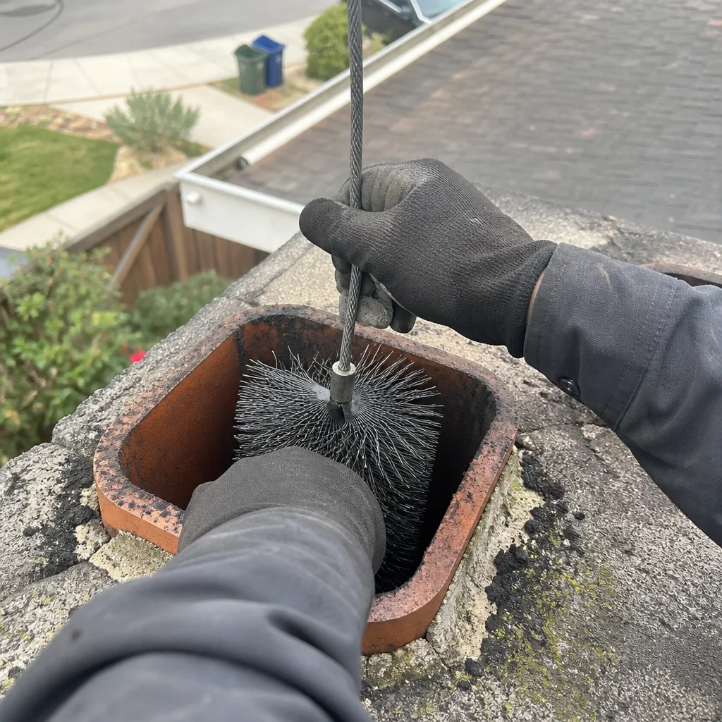 Professional chimney sweep cleaning a brick fireplace flue with a brush