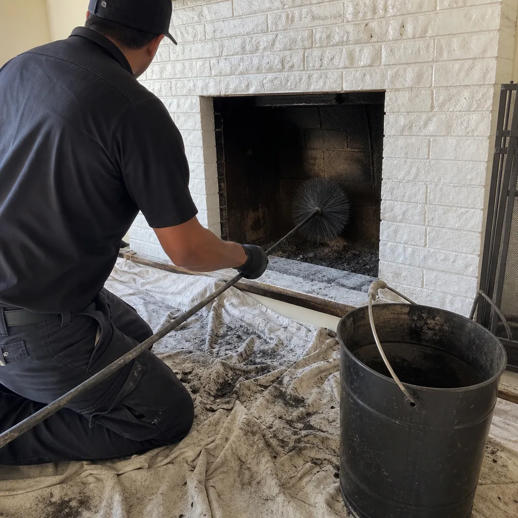 Professional chimney sweep cleaning a residential fireplace interior with a brush