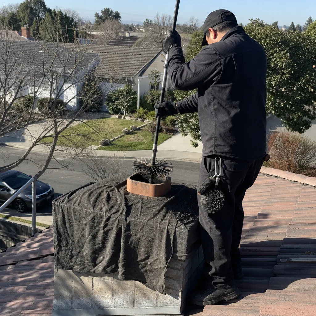 Professional chimney sweep cleaning a residential chimney flue on a rooftop.
