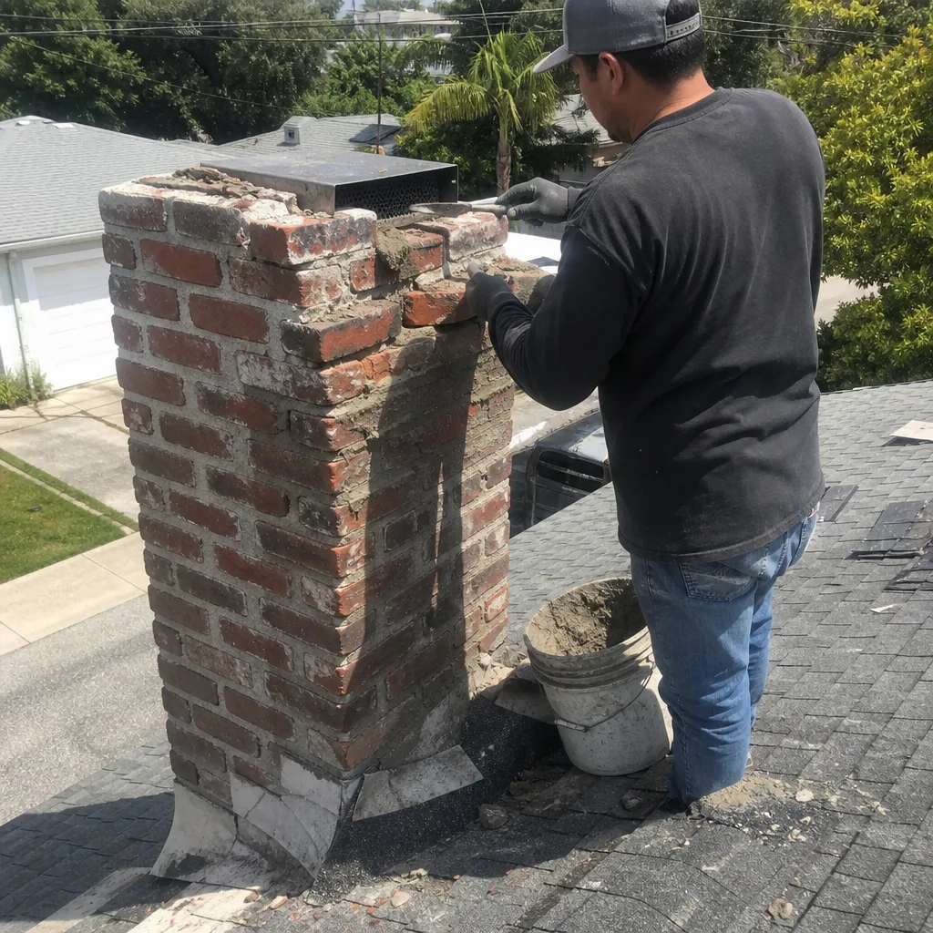 Professional technician performing brick chimney repair and masonry maintenance on a roof.