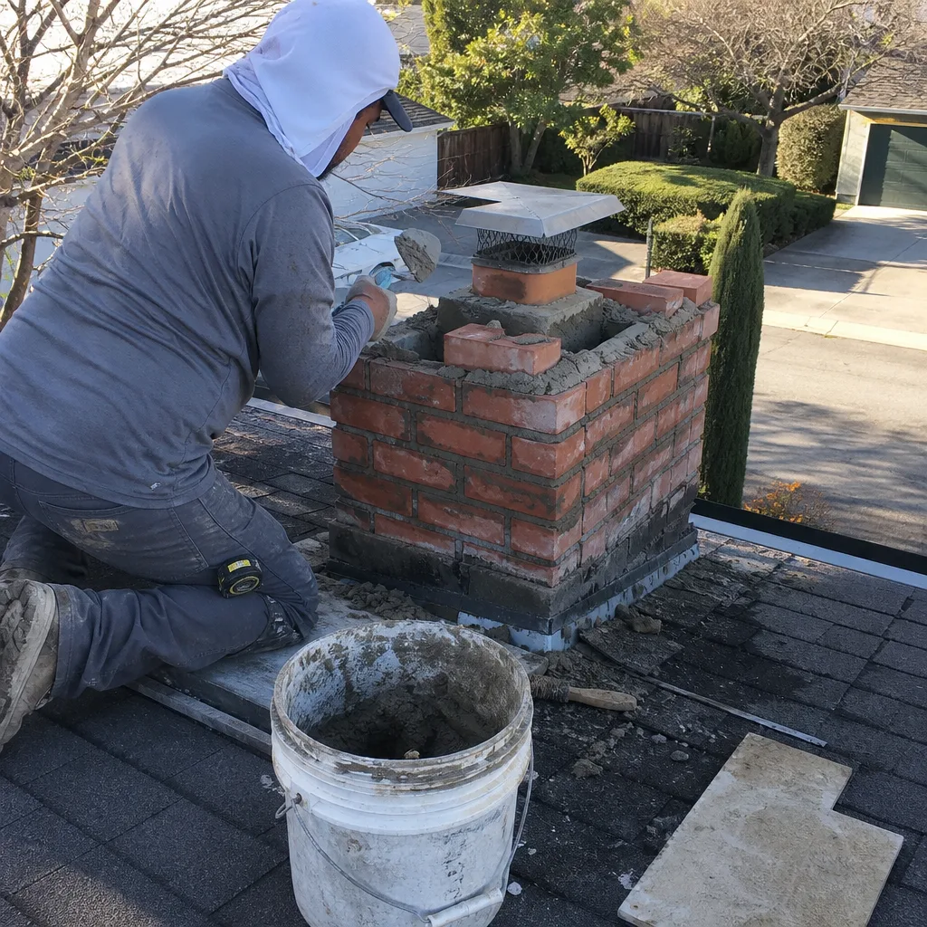 Professional mason performing chimney repair and brickwork maintenance on a residential roof.