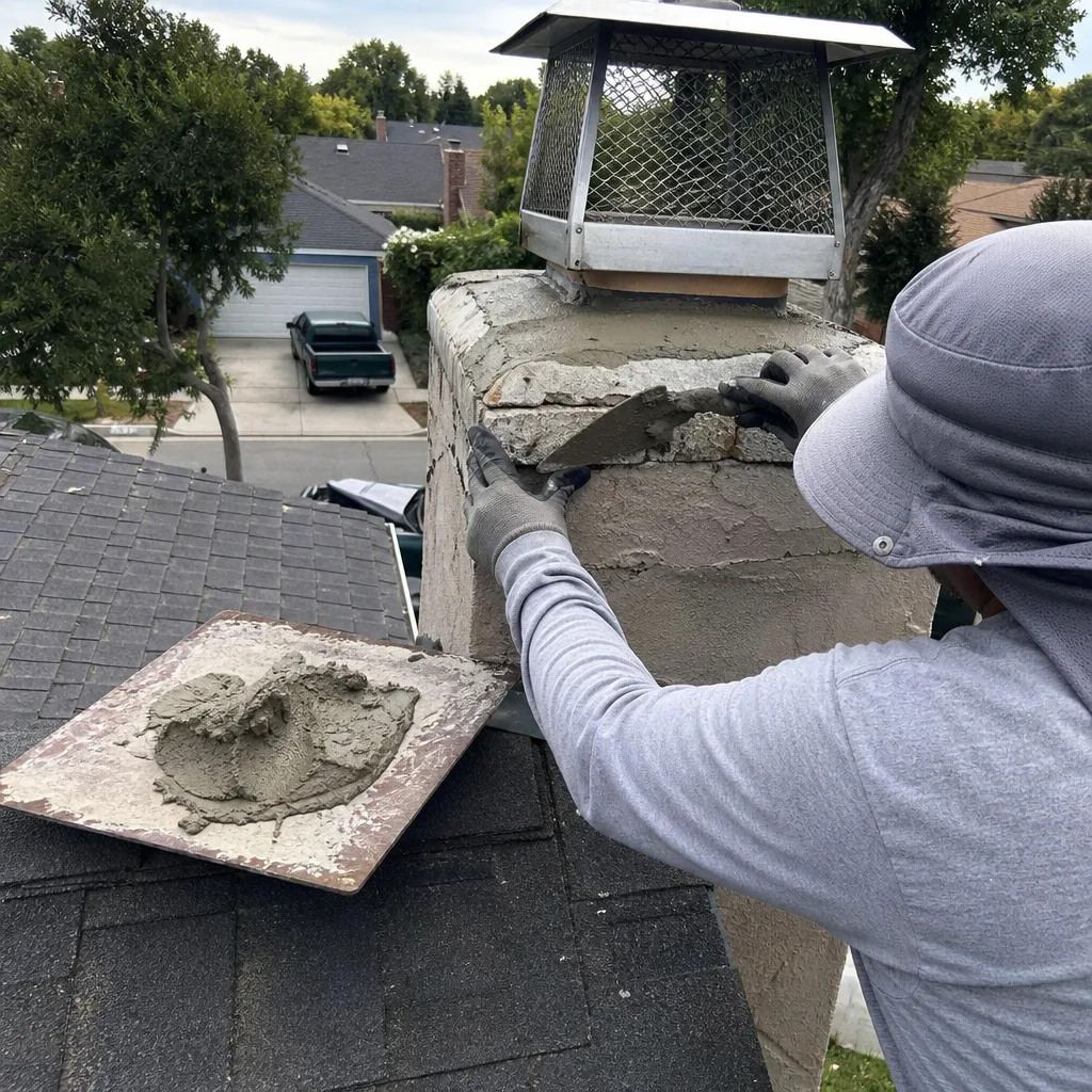 Professional technician performing masonry chimney repair and mortar application on a roof.